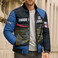Faroe Islands Bomber Puffer Jacket with Waterfall Nature Scene and Rune Pattern Design - Wonder Print Shop