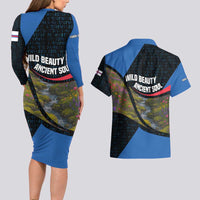 Faroe Islands Couples Matching Long Sleeve Bodycon Dress and Hawaiian Shirt with Waterfall Nature Scene and Rune Pattern Design - Wonder Print Shop