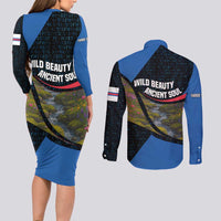 Faroe Islands Couples Matching Long Sleeve Bodycon Dress and Long Sleeve Button Shirt with Waterfall Nature Scene and Rune Pattern Design - Wonder Print Shop