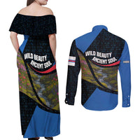 Faroe Islands Couples Matching Off Shoulder Maxi Dress and Long Sleeve Button Shirt with Waterfall Nature Scene and Rune Pattern Design - Wonder Print Shop