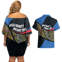 Faroe Islands Couples Matching Off Shoulder Short Dress and Hawaiian Shirt with Waterfall Nature Scene and Rune Pattern Design - Wonder Print Shop