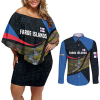 Faroe Islands Couples Matching Off Shoulder Short Dress and Long Sleeve Button Shirt with Waterfall Nature Scene and Rune Pattern Design - Wonder Print Shop