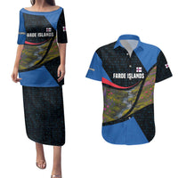 Faroe Islands Couples Matching Puletasi and Hawaiian Shirt with Waterfall Nature Scene and Rune Pattern Design - Wonder Print Shop