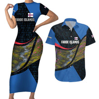 Faroe Islands Couples Matching Short Sleeve Bodycon Dress and Hawaiian Shirt with Waterfall Nature Scene and Rune Pattern Design - Wonder Print Shop