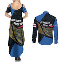 Faroe Islands Couples Matching Summer Maxi Dress and Long Sleeve Button Shirt with Waterfall Nature Scene and Rune Pattern Design - Wonder Print Shop