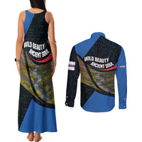 Faroe Islands Couples Matching Tank Maxi Dress and Long Sleeve Button Shirt with Waterfall Nature Scene and Rune Pattern Design - Wonder Print Shop