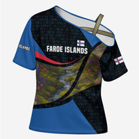 Faroe Islands Cross Shoulder Shirt with Waterfall Nature Scene and Rune Pattern Design - Wonder Print Shop