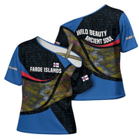 Faroe Islands Cross Shoulder Shirt with Waterfall Nature Scene and Rune Pattern Design - Wonder Print Shop