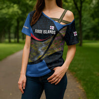 Faroe Islands Cross Shoulder Shirt with Waterfall Nature Scene and Rune Pattern Design - Wonder Print Shop