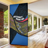 Faroe Islands Door Cover with Waterfall Nature Scene and Rune Pattern Design - Wonder Print Shop