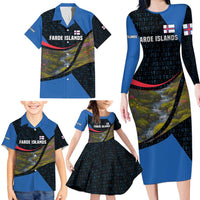 Faroe Islands Family Matching Long Sleeve Bodycon Dress and Hawaiian Shirt with Waterfall Nature Scene and Rune Pattern Design - Wonder Print Shop