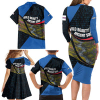 Faroe Islands Family Matching Long Sleeve Bodycon Dress and Hawaiian Shirt with Waterfall Nature Scene and Rune Pattern Design - Wonder Print Shop