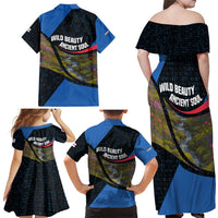 Faroe Islands Family Matching Off Shoulder Maxi Dress and Hawaiian Shirt with Waterfall Nature Scene and Rune Pattern Design - Wonder Print Shop