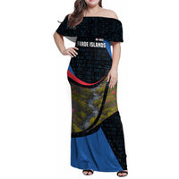 Faroe Islands Family Matching Off Shoulder Maxi Dress and Hawaiian Shirt with Waterfall Nature Scene and Rune Pattern Design - Wonder Print Shop