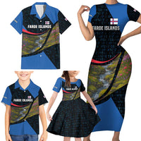 Faroe Islands Family Matching Short Sleeve Bodycon Dress and Hawaiian Shirt with Waterfall Nature Scene and Rune Pattern Design - Wonder Print Shop
