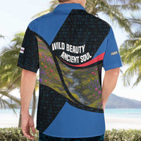 Faroe Islands Hawaiian Shirt with Waterfall Nature Scene and Rune Pattern Design - Wonder Print Shop