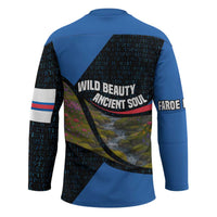 Faroe Islands Hockey Jersey with Waterfall Nature Scene and Rune Pattern Design - Wonder Print Shop