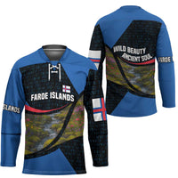 Faroe Islands Hockey Jersey with Waterfall Nature Scene and Rune Pattern Design - Wonder Print Shop