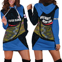 Faroe Islands Hoodie Dress with Waterfall Nature Scene and Rune Pattern Design - Wonder Print Shop