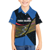 Faroe Islands Kid Hawaiian Shirt with Waterfall Nature Scene and Rune Pattern Design - Wonder Print Shop