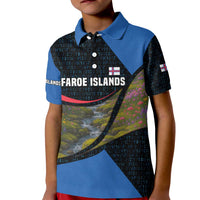Faroe Islands Kid Polo Shirt with Waterfall Nature Scene and Rune Pattern Design - Wonder Print Shop