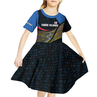 Faroe Islands Kid Short Sleeve Dress with Waterfall Nature Scene and Rune Pattern Design - Wonder Print Shop