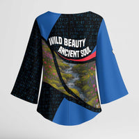 Faroe Islands Kimono Sleeve Blouse with Waterfall Nature Scene and Rune Pattern Design - Wonder Print Shop