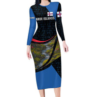 Faroe Islands Long Sleeve Bodycon Dress with Waterfall Nature Scene and Rune Pattern Design - Wonder Print Shop