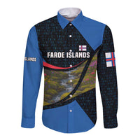 Faroe Islands Long Sleeve Button Shirt with Waterfall Nature Scene and Rune Pattern Design - Wonder Print Shop