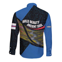 Faroe Islands Long Sleeve Button Shirt with Waterfall Nature Scene and Rune Pattern Design - Wonder Print Shop