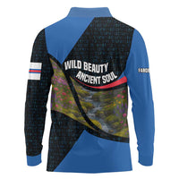 Faroe Islands Long Sleeve Polo Shirt with Waterfall Nature Scene and Rune Pattern Design - Wonder Print Shop