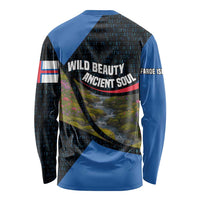 Faroe Islands Long Sleeve Shirt with Waterfall Nature Scene and Rune Pattern Design - Wonder Print Shop