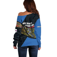 Faroe Islands Off Shoulder Sweater with Waterfall Nature Scene and Rune Pattern Design - Wonder Print Shop