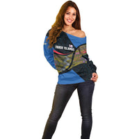 Faroe Islands Off Shoulder Sweater with Waterfall Nature Scene and Rune Pattern Design - Wonder Print Shop