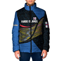 Faroe Islands Padded Jacket with Waterfall Nature Scene and Rune Pattern Design - Wonder Print Shop