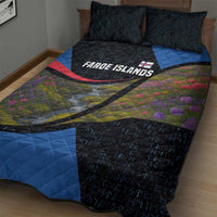 Faroe Islands Quilt Bed Set with Waterfall Nature Scene and Rune Pattern Design - Wonder Print Shop