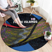 Faroe Islands Round Carpet with Waterfall Nature Scene and Rune Pattern Design - Wonder Print Shop