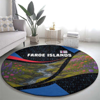 Faroe Islands Round Carpet with Waterfall Nature Scene and Rune Pattern Design - Wonder Print Shop
