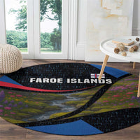 Faroe Islands Round Carpet with Waterfall Nature Scene and Rune Pattern Design - Wonder Print Shop