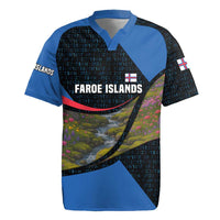 Faroe Islands Rugby Jersey with Waterfall Nature Scene and Rune Pattern Design - Wonder Print Shop