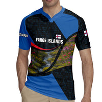 Faroe Islands Rugby Jersey with Waterfall Nature Scene and Rune Pattern Design - Wonder Print Shop
