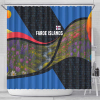 Faroe Islands Shower Curtain with Waterfall Nature Scene and Rune Pattern Design - Wonder Print Shop