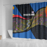 Faroe Islands Shower Curtain with Waterfall Nature Scene and Rune Pattern Design - Wonder Print Shop