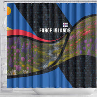 Faroe Islands Shower Curtain with Waterfall Nature Scene and Rune Pattern Design - Wonder Print Shop