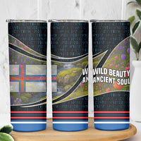 Faroe Islands Skinny Tumbler with Waterfall Nature Scene and Rune Pattern Design - Wonder Print Shop
