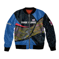 Faroe Islands Sleeve Zip Bomber Jacket with Waterfall Nature Scene and Rune Pattern Design - Wonder Print Shop