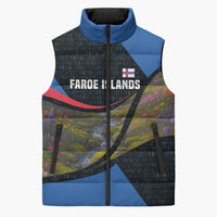 Faroe Islands Sleeveless Puffer Jacket with Waterfall Nature Scene and Rune Pattern Design - Wonder Print Shop