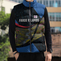 Faroe Islands Sleeveless Puffer Jacket with Waterfall Nature Scene and Rune Pattern Design - Wonder Print Shop