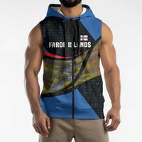 Faroe Islands Sleeveless Zip Hoodie with Waterfall Nature Scene and Rune Pattern Design - Wonder Print Shop