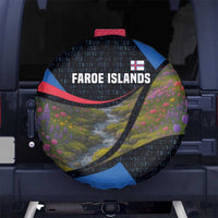 Faroe Islands Spare Tire Cover with Waterfall Nature Scene and Rune Pattern Design - Wonder Print Shop